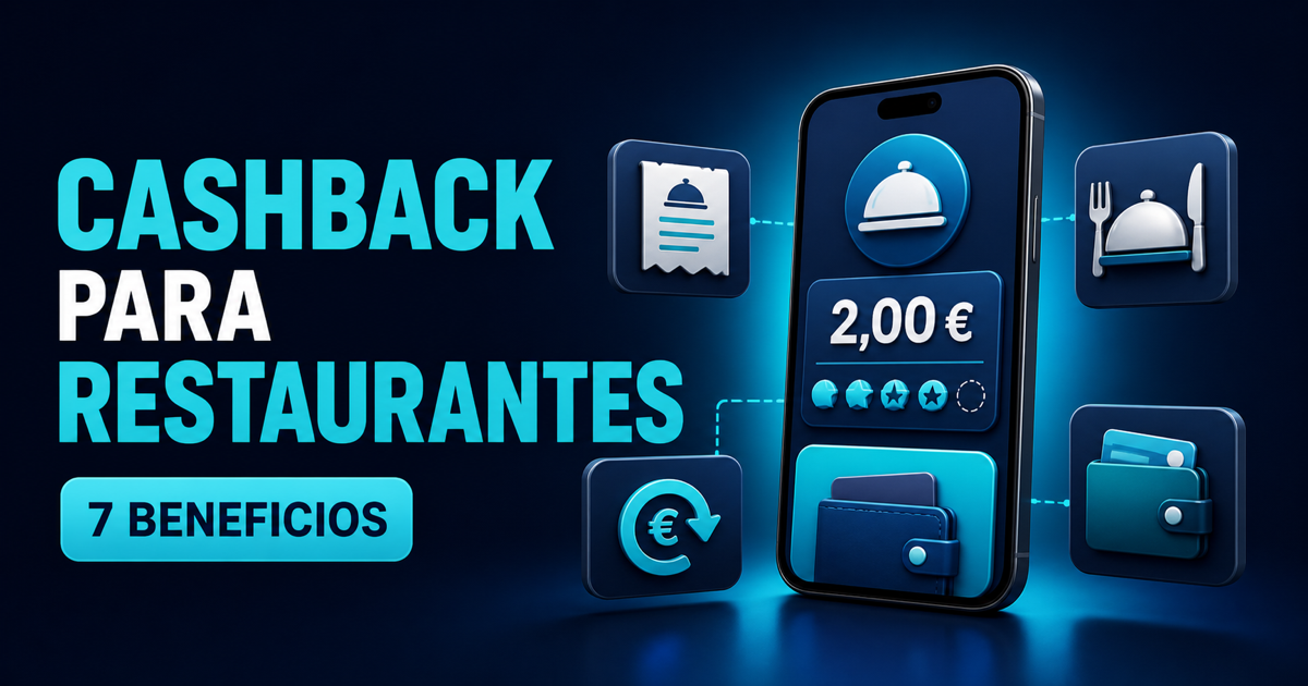 Ilustración de un programa de cashback para restaurantes con una tarjeta digital, 2 euros de saldo, una factura y símbolos de restauración