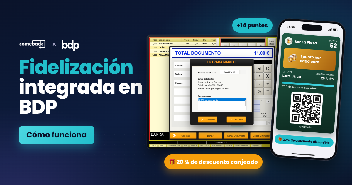 Ventana de cobro de BDP con la entrada manual de una clienta de Comeback, sus datos y la recompensa seleccionada, junto a su tarjeta digital en el móvil