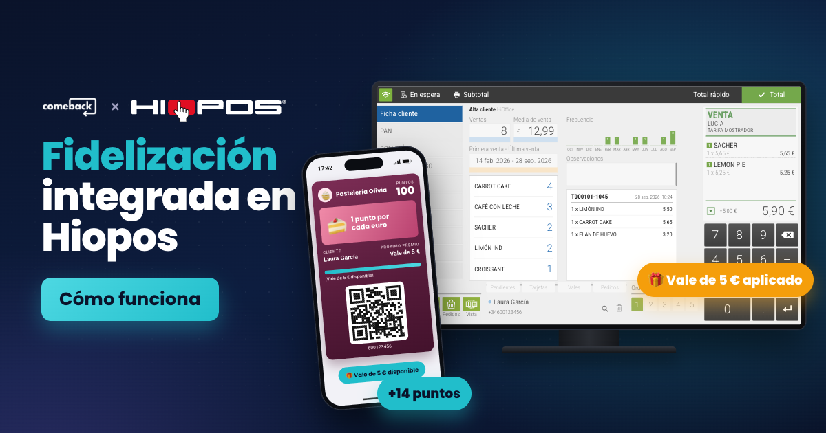 Pantalla de venta de Hiopos con la ficha de una clienta de Comeback y su vale de 5 € aplicado, junto a su tarjeta digital en el móvil