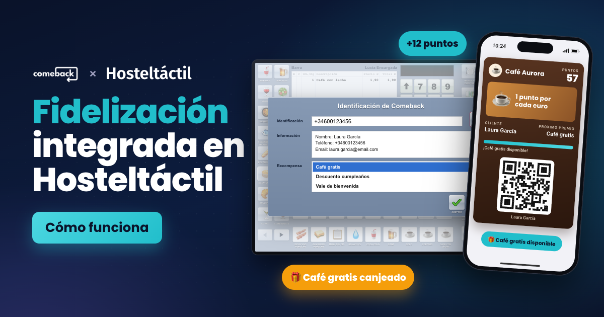 Pantalla de venta de Hosteltáctil con la identificación de una clienta de Comeback, sus datos y sus recompensas, junto a su tarjeta digital en el móvil