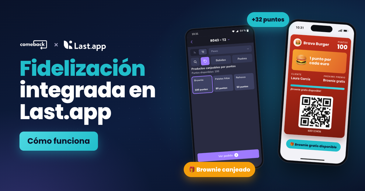 Móvil de sala con Last.app mostrando los productos canjeables por puntos de una clienta, junto a su tarjeta de fidelización de Comeback en el móvil