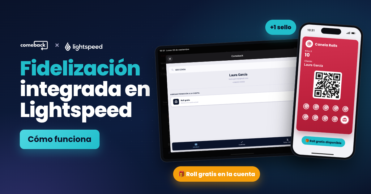 iPad con Lightspeed Restaurant mostrando la ventana de Comeback con una clienta y su promoción seleccionada, junto a su tarjeta de sellos en el móvil