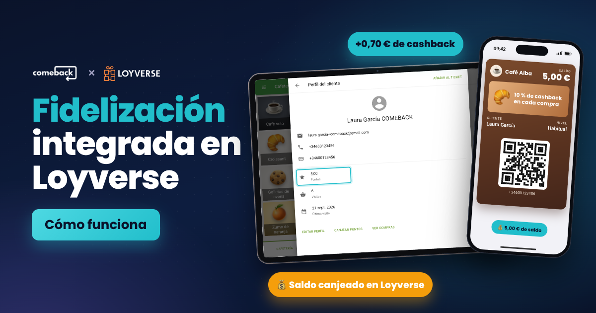 Tablet con Loyverse TPV mostrando el perfil de una clienta con su saldo de Comeback como puntos, junto a su tarjeta de cashback en el móvil