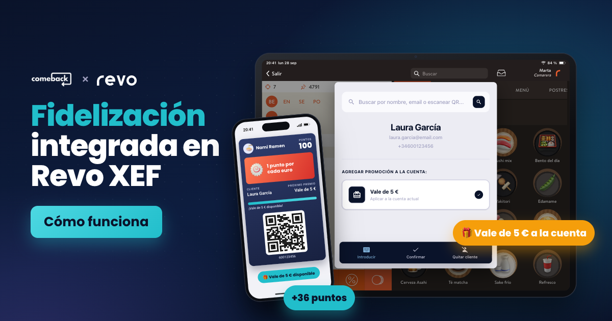 Orden de Revo XEF con la ventana de Comeback abierta, la clienta identificada y su vale de 5 € seleccionado, junto a su tarjeta digital en el móvil