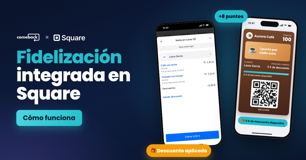 iPhone con Square mostrando una venta con el descuento de Comeback aplicado automáticamente, junto a la tarjeta de fidelización de la clienta en su móvil
